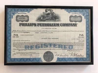 Framed Phillips Petroleum Company Stock Certificate. 25,000 Dollars 1976. 12x8 inches