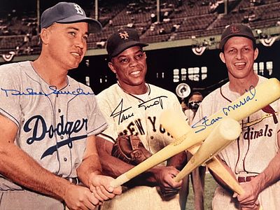 Willie Mays, Stan Musial and Duke Snider signed photo. 8x10 inches