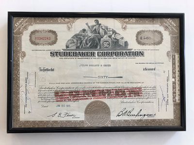 Framed Studebaker Corporation Stock Certificate. 60 Shares. 1965. 12x8 inches