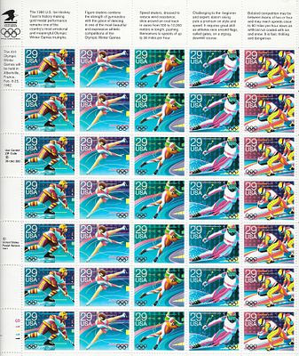 1992 Winter Olympics Stamps, sheet of 35, 29c stamps, January 11, 1992