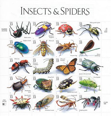 Insects and Spiders Stamp Set. Insects and Spiders Stamp Sheet, 20 x 33c, U.S. #3351, 1999