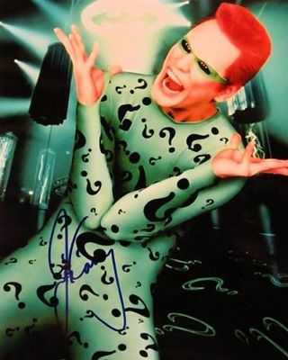 Batman Jim Carrey signed movie still photo. 8 in. by 10 in. Movie still photo from "Batman" 