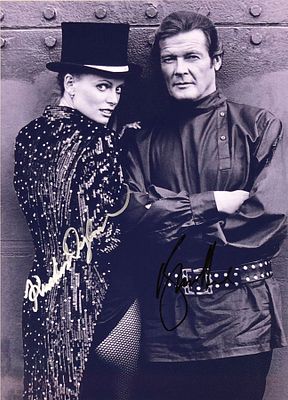 Octopussy Roger Moore and Kristina Wayborn facsimile signed movie photo. Octopussy facsimile 