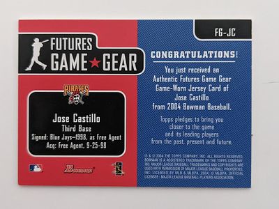 Jose Castillo Baseball Trading Card with 2003 Futures Game Worn Jersey Swatch - Bowman Futures 