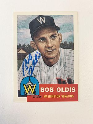 Bob Oldis signed baseball card. 2x3 inches. 1953 Topps