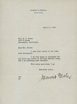James A. Farley signed letter