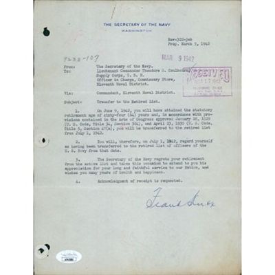Secretary of the Navy Frank Knox Signed Typed Letter JSA Authenticated. Frank Knox Secretary of 