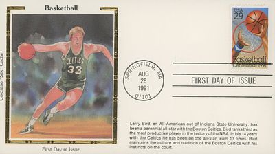 Boston Celtics Larry Bird 1991 First Day Cover. Boston Celtics Larry Bird Colorano "Silk" Cachet 