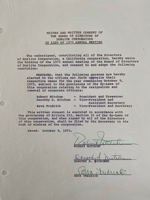 Robert Mitchum signed Dorlite Corporation Document. Robert Mitchum signed Dorlite Corporation 