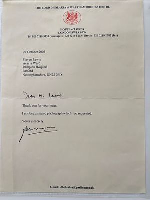 House of Lords Baron Dholakia Signed Letter