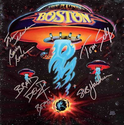 Boston signed debut album Boston. Boston 1976 debut album Boston autographed by Tom Scholz, Brad 