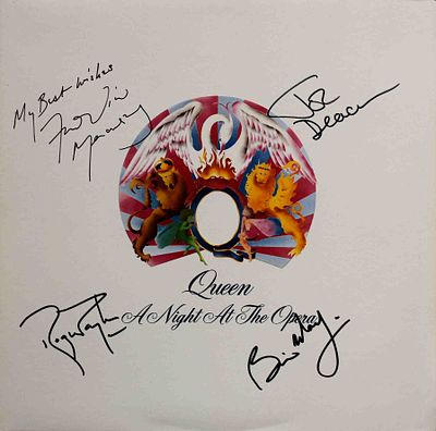 Queen signed A Night At The Opera album. Queen 1975 A Night At The Opera album. Signed: Freddie 