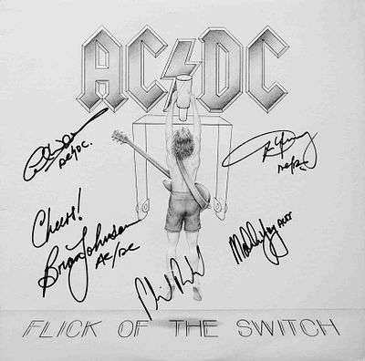 AC/DC Flick Of The Switch Signed Album. Signed by Brian Johnson, Phil Rudd, Cliff Williams 