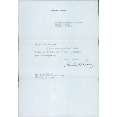 President Herbert Hoover Signed Typed Personal Letter JSA Authenticated. Herbert Hoover 