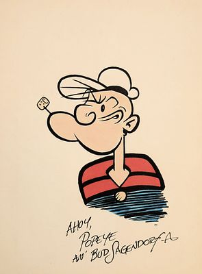 Popeye hand-drawn sketch signed by Bud Sagendorf. Popeye original hand-drawn signed sketch. 