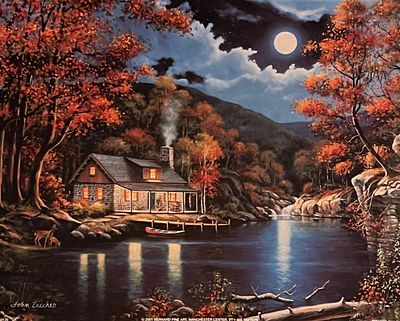 John Zaccheo Cabin by the River at Night Art Print. 8x10 inches.