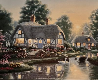 Vintage Cottage by the Pond with Swans Art Print. 8x10 inches.