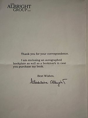 Madeleine Albright facsimile signed note. 5x8 inches