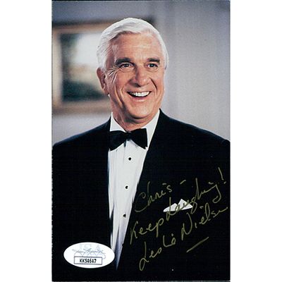 The Naked Gun Leslie Nielsen Signed Postcard Photo. Signed Leslie Nielsen 3.5x5.5 postcard 