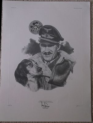 Nazi General Adolf Galland Signed Photograph. Wonderful lithograph by artist Janet Keck 