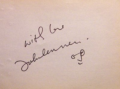 John Lennon signature slip. John Lennon 5 in. by 4 in. signature slip signed With Love John 