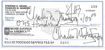 Cult Leader Charles Manson Signed Check. Offered here is a Charles Manson Signed Check. Check on 