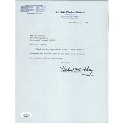 Vice President Hubert Humphrey Signed Typed Letter JSA Authenticated. Hubert Humphrey Vice 