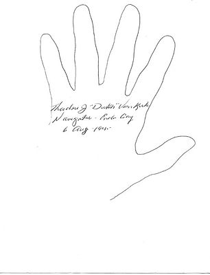 Enola Gay Theodore Van Kirk Signed Document. On an 8.5 sheet, Van Kirk has traced his hand. This 
