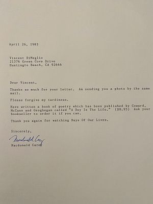 Streets of Laredo Macdonald Carey signed personal letter. Macdonald Carey signed personal 