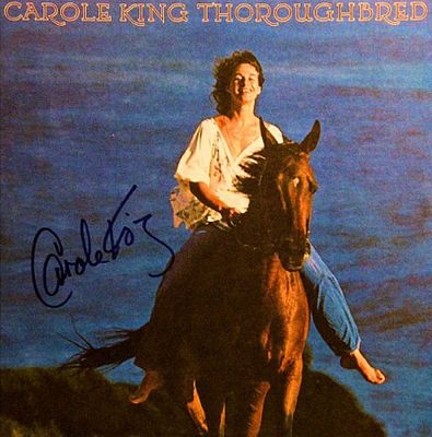 Carole King signed Thoroughbred album. Carole King's 1975 "Thoroughbred" album autographed by 
