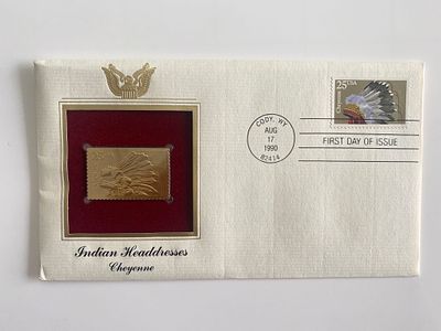 Indian Headdresses Cheyenne Gold Stamp Replica First Day Cover. Cody, WY. August 17th 1990. 4x8 