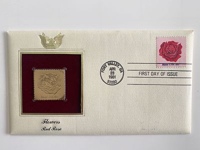 Flowers Red Rose Gold Stamp Replica First Day Cover. Fort Valley, GA. April 23rd 1981. 4x8 inches