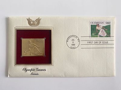 Olympic Games Tennis Gold Stamp Replica First Day Cover. Minneapolis, MN. July 6th 1990. 4x8 inches