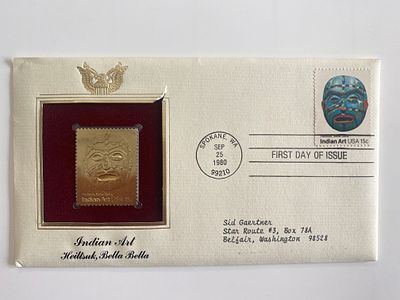 Indian Art Heiltsuk, Bella Bella Gold Stamp Replica First Day Cover. Spokane, WA. September 