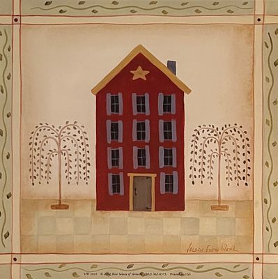 Vintage Country Folk Art Red House with Star Art Print. 8x8 inches.