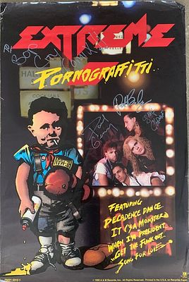 Extreme Pornograffitti signed poster autographed by Gary Cherone, Pat Badger and Paul Geary. 