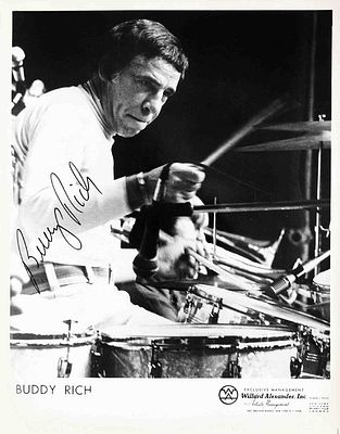Buddy Rich signed promo photo. 8 in. by 10 in. Willard Alexander, Inc. Promotional Photo of 