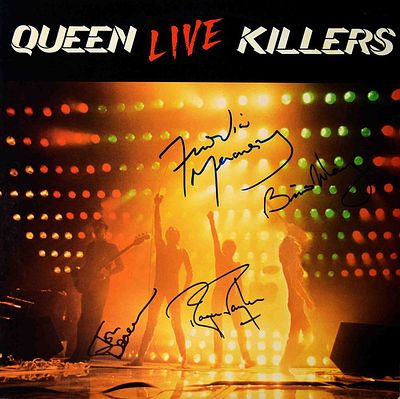 Queen Live Killers band signed album. Queen 1979 Live Killers band signed album autographed by 