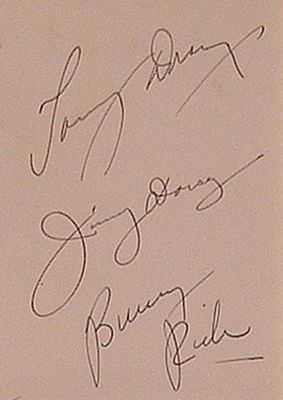 Tommy Dorsey Orchestra band signature slip. Tommy Dorsey Orchestra band 4 in. by 5 in. signature 