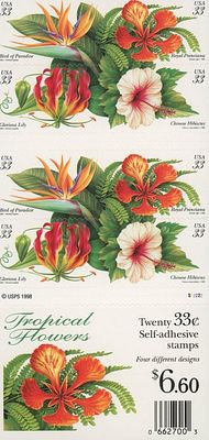 Tropical Flowers Full Stamp Book. 20 x 33&cent; Tropical Flowers U.S. #3310-13. Illustrated by 