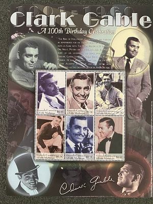 2001 Clark Gable 100th birthday celebration stamp sheet. This image displays a 2001 souvenir 