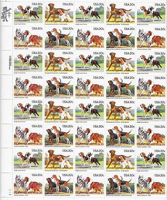 Classic Dog Breeds stamp sheet forty 20 cent stamps
