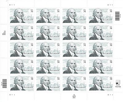 James Madison USA Stamp Sheet. James Madison Stamp Sheet - USA - 34 Cents x 20 Stamps - 2001 USPS
