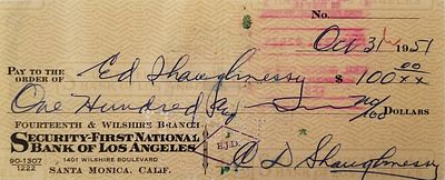 Football Coach Clark Shaughnessy signed check. Clark Shaughnessy signed check