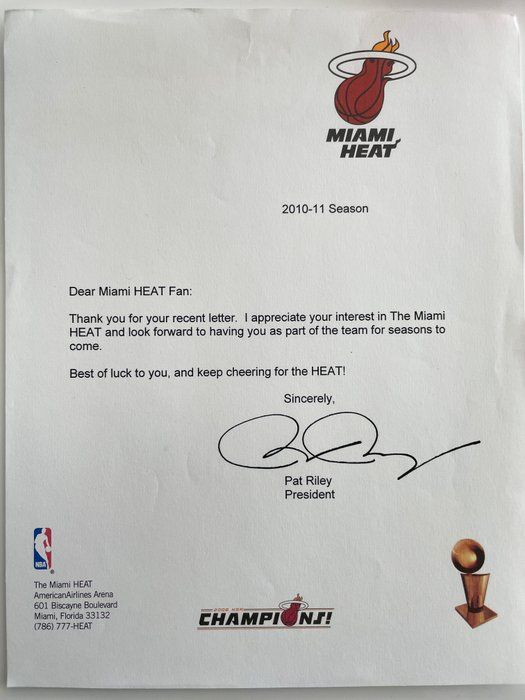 Lot 342: Miami Heat President Pat Riley facsimile signed letter