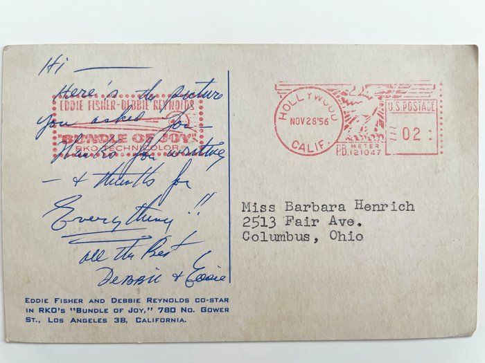 Lot 555: Debbie Reynolds & Eddie Fisher signed 1976 postcard
