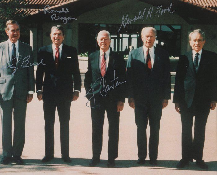 Lot 144: 4 American Presidents signed photo. GFA Authenticated