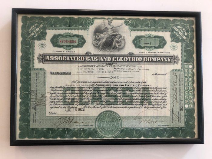 Lot 222: Framed Associated Gas And Electric Company Stock Certificate