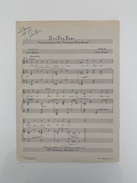 Lot 375: Bye Bye Baby Jule Styne signed lyrics