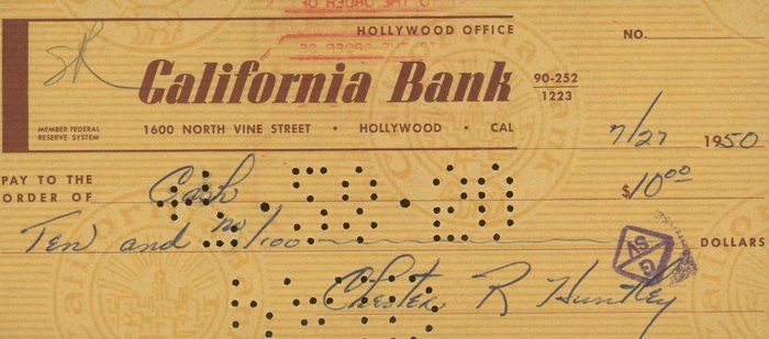 Lot 108: Evening News Anchor Chester Huntley signed check